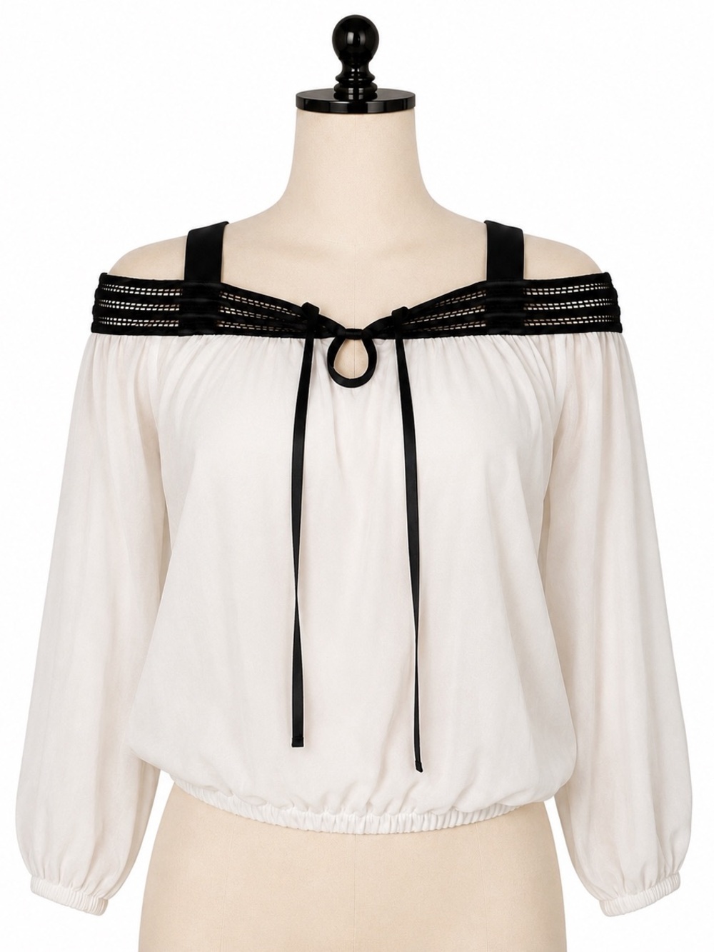 GUESS by Marciano Silk Off-Shoulder Blouse XS White Black Lace Y2K